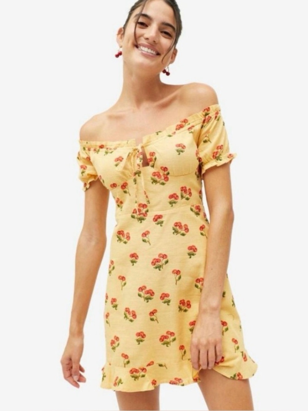 Urban Outfitters Yellow Off-Shoulder Floral Mini Dress